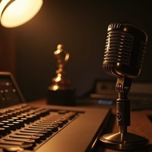Cinematic wide-angle shot of a radio studio setting with a vintage microphone and an award statuette, representing the ACM Radio Award winners.