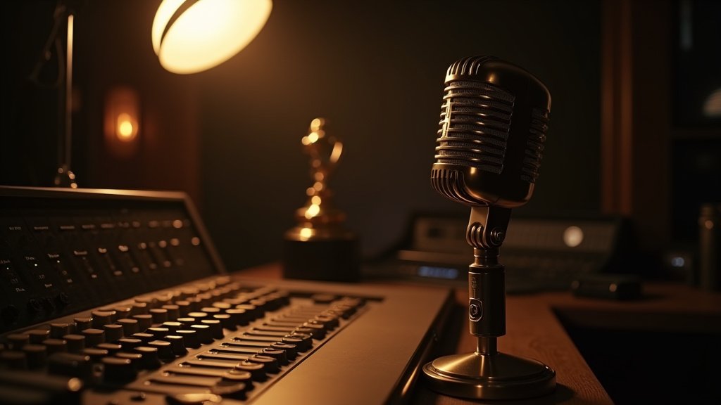 Cinematic wide-angle shot of a radio studio setting with a vintage microphone and an award statuette, representing the ACM Radio Award winners.