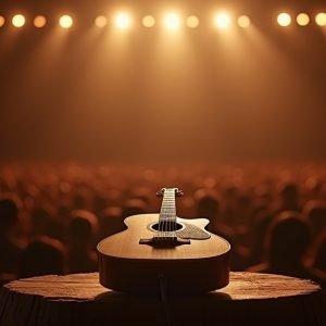 Cinematic wide-angle shot of an energetic outdoor country music festival stage in Texas at dusk, representing the excitement of upcoming concerts.