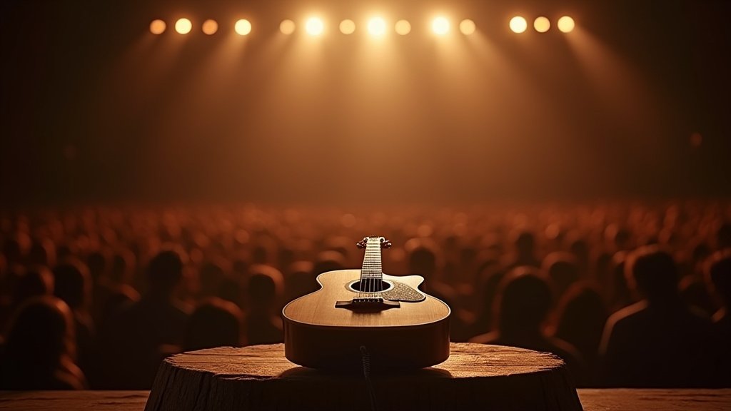 Cinematic wide-angle shot of an energetic outdoor country music festival stage in Texas at dusk, representing the excitement of upcoming concerts.