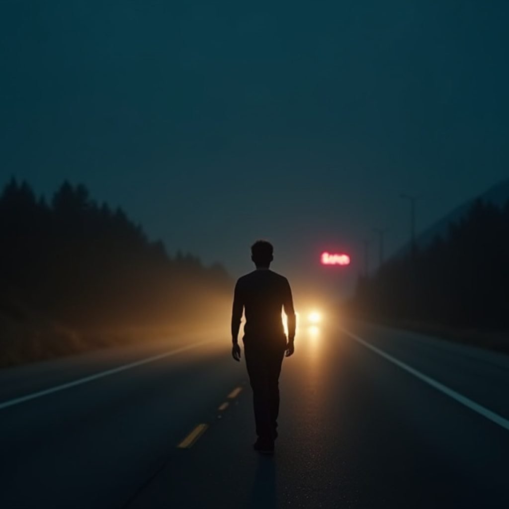 Cinematic wide-angle shot of a solitary figure on a desolate highway at night, symbolizing the themes of burnout and journey present in Wyatt Flores' new song and tour.