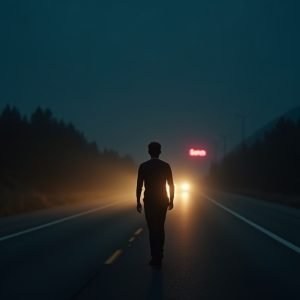 Cinematic wide-angle shot of a solitary figure on a desolate highway at night, symbolizing the themes of burnout and journey present in Wyatt Flores' new song and tour.