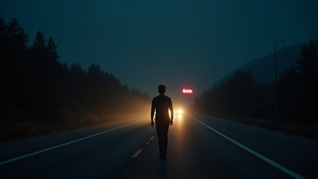 Cinematic wide-angle shot of a solitary figure on a desolate highway at night, symbolizing the themes of burnout and journey present in Wyatt Flores' new song and tour.